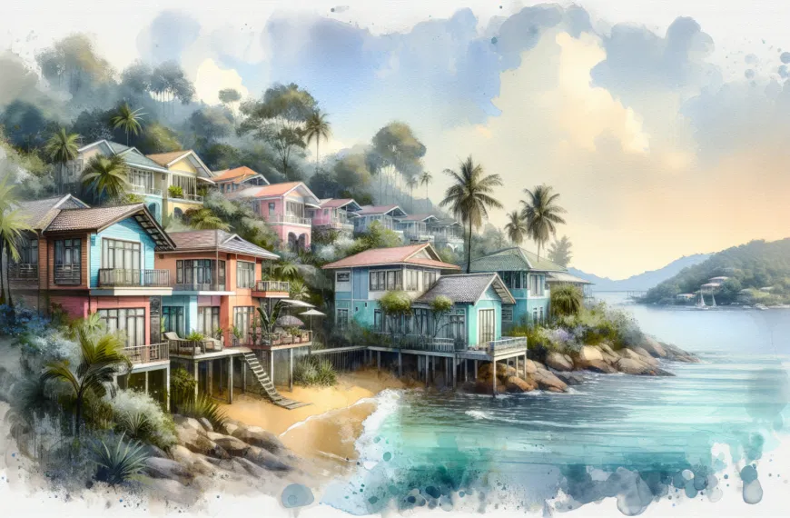 Scenic view of colorful seaside houses surrounded by lush greenery and palm trees, depicting a tranquil coastal setting, ideal for emphasizing the benefits of repainting before selling a house.