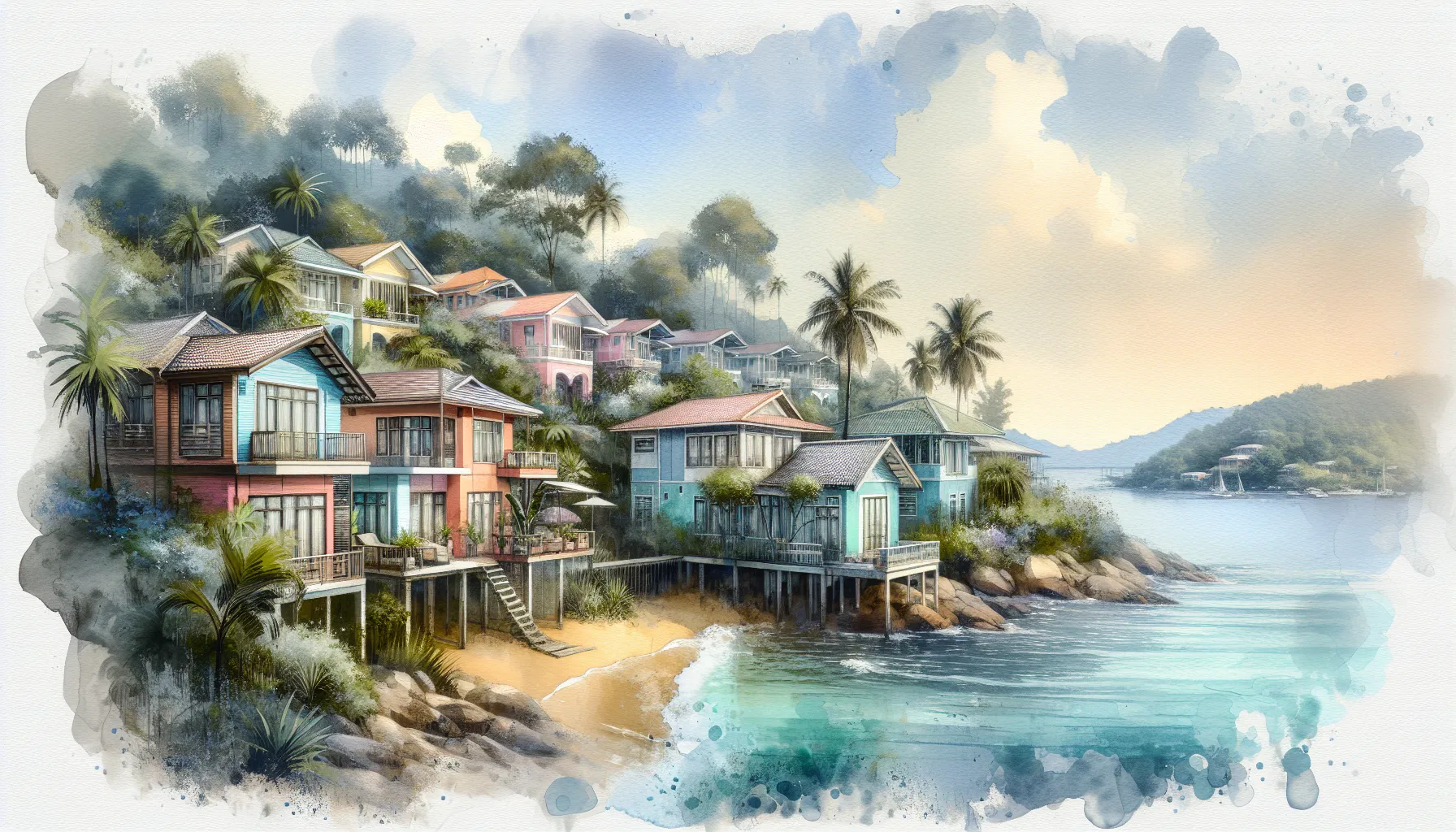 Scenic view of colorful seaside houses surrounded by lush greenery and palm trees, depicting a tranquil coastal setting, ideal for emphasizing the benefits of repainting before selling a house.